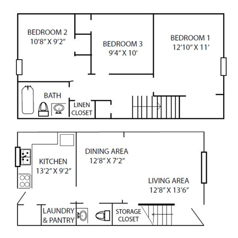 Floor plan for 3 beds, 1.5 baths, 1010 sqft